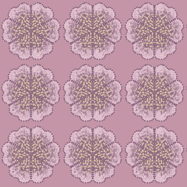 Large hand-drawn floral motif in symmetrical repeat with dusty pink and lavender hues, ideal for statement wallpaper, textiles, and fabric licensing.