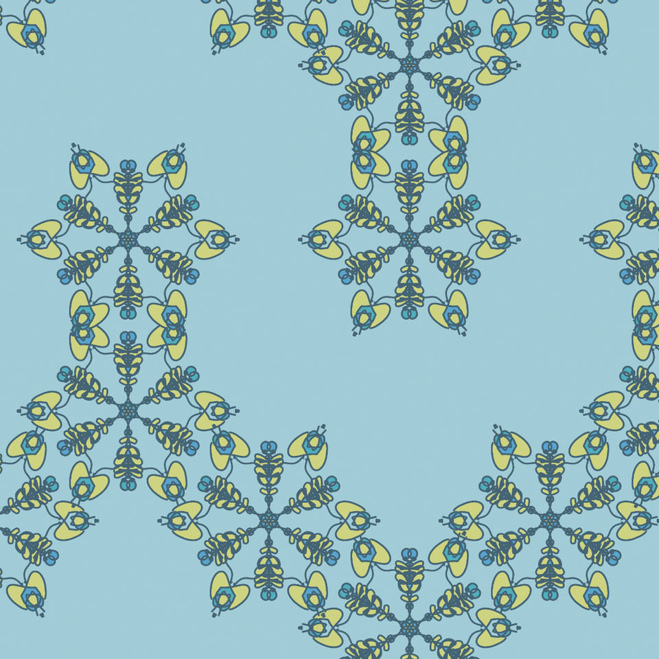 Folk bloom mandala-style floral repeat pattern in blue, chartreuse and navy on a light sky background, perfect for bedding and home textiles.