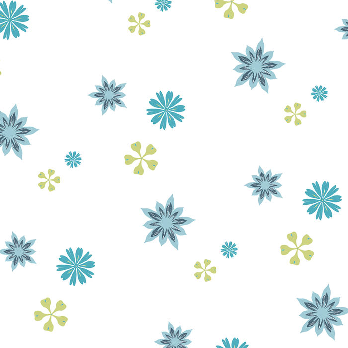 Playful blue and green radial floral repeat pattern on white background, perfect for spring textiles, stationery, and children’s decor. Surface pattern design for licensing.