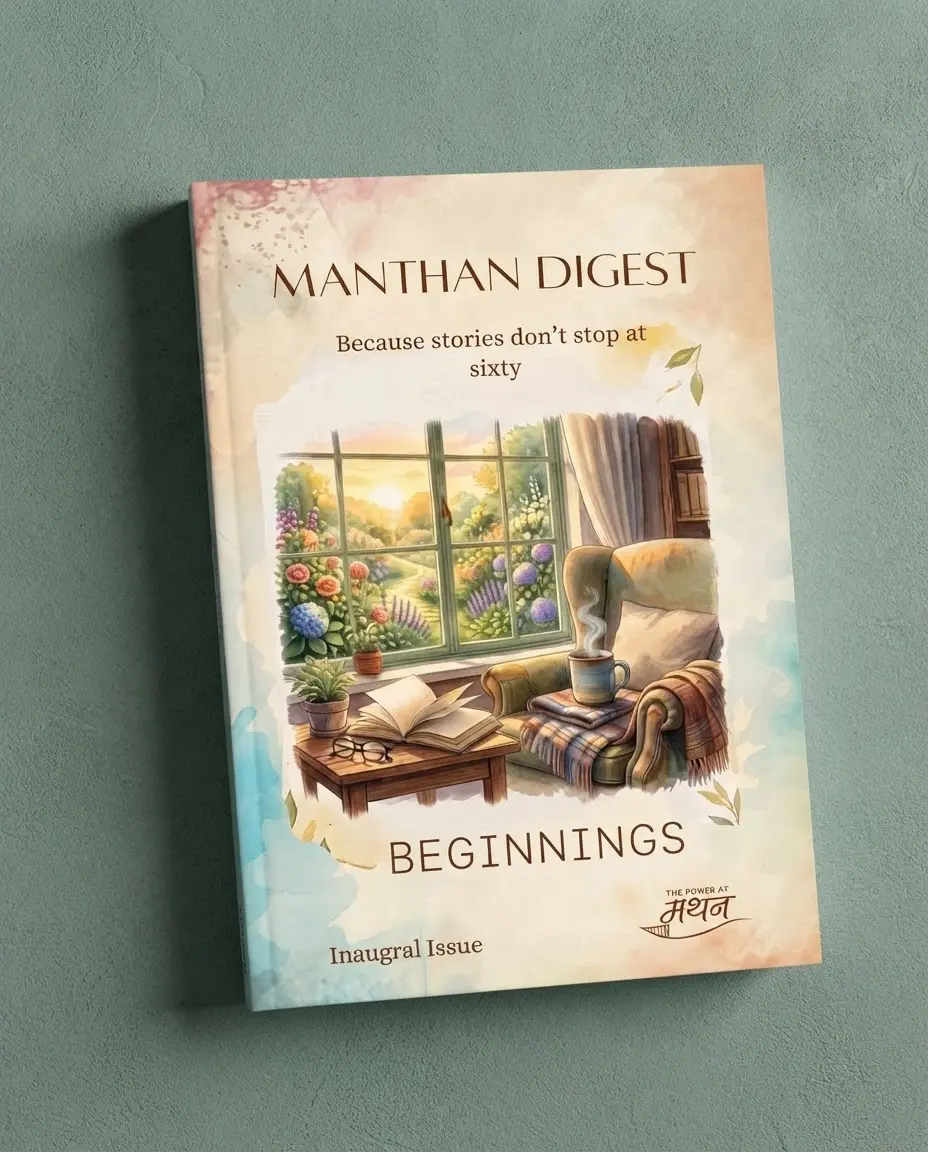 Digital illustration of a book cover for 'Manthan Digest: Beginnings.' It shows a cozy armchair, a book, and a steaming mug, viewed through a window overlooking a vibrant garden.