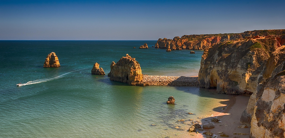 Wide view of the Algarve coast with golden cliffs, turquoise water, and rugged shoreline under a clear sky.