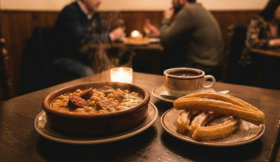 A close-up photograph capturing the hearty, comforting side of Andalusian winter cuisine: a steaming bowl of rich Plato de los Montes stew next to fresh, golden-brown churros with thick, dark, molten hot chocolate.
