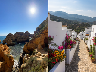 Side-by-side comparison of the Algarve and Andalusia in winter: rugged golden limestone cliffs and sea caves in Portugal on the left, and a bright white-washed village street with blooming flowers in Southern Spain on the right.