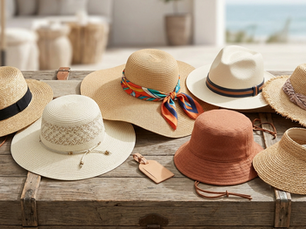 A wide banner image displaying a variety of fashionable women's sun hats arranged on a vintage wooden travel trunk against a blurred coastal background. The collection includes a wide-brimmed straw hat with a colorful patterned scarf, a classic cream fedora with a leather band, a terracotta-colored fabric bucket hat, a chic straw visor, and a structured boater hat. The aesthetic is sophisticated and travel-oriented, emphasizing style and sun protection.