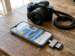 A close-up view of a minimalist photography workflow: a mirrorless camera is connected via a small silver USB-C to SD card reader to a smartphone, which is displaying thumbnails of Algarve nature photos and a transfer status bar.