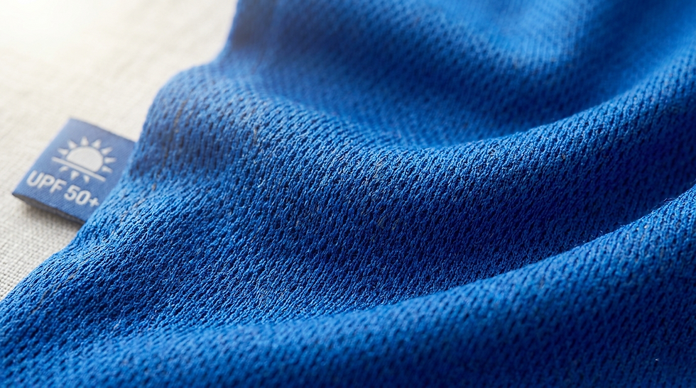 A close-up photograph of vibrant blue, textured athletic fabric featuring a prominent UPF 50+ sun protection tag.