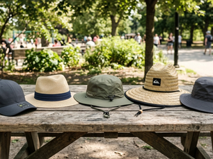 Five hats on a wooden picnic table in a park, surrounded by trees and people walking in the background, creating a relaxed atmosphere.