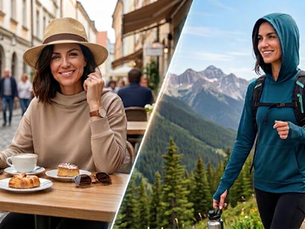 Woman at a cafe with coffee and pastries, smiling in a UPF 50+ hat. Beside, she's hiking in a UPF hoodie, holding a bottle on a mountain trail.