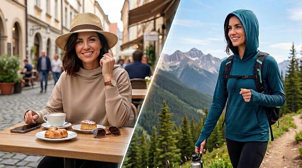 Woman at a cafe with coffee and pastries, smiling in a UPF 50+ hat. Beside, she's hiking in a UPF hoodie, holding a bottle on a mountain trail.