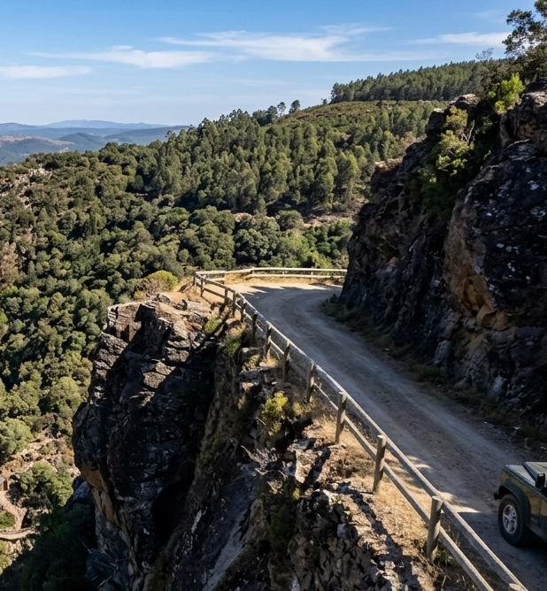 Narrow dirt road on a cliff with a wooden fence, surrounded by lush forest and mountains under a blue sky. A car is partially visible.