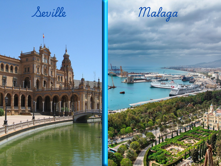 Split image of Seville’s Plaza de España with a blue sky and Malaga’s port with ships under cloudy skies. Text: Seville, Malaga.