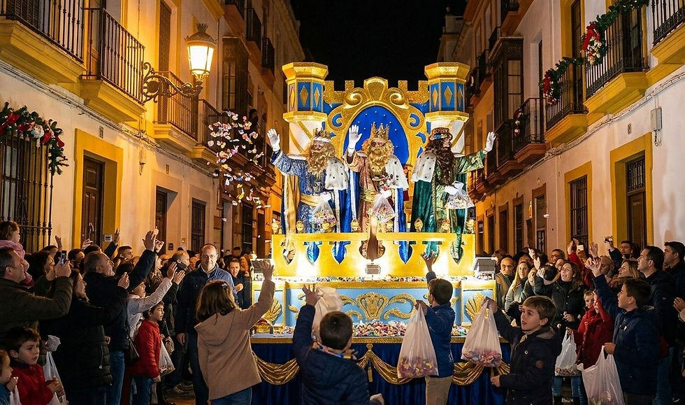 A festive Three Kings parade float with three kings throws candy to a joyful crowd on a decorated, illuminated street at night.