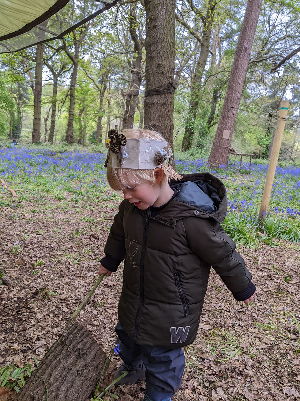 A young child in a dark winter coat stands in a forest filled with blooming bluebells. They are wearing a homemade crown decorated with pinecones and other natural materials. The child is holding a stick and looking down at the forest floor.