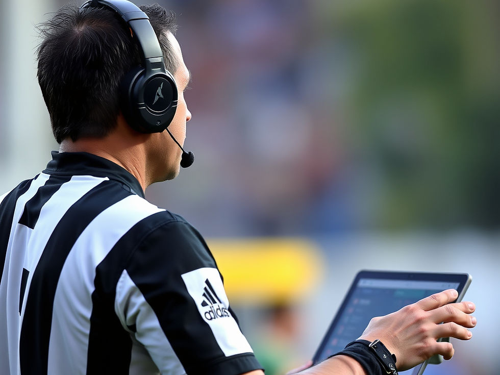 Árbitro utilizando el sistema de instant replay para tomar una decisión precisa en un partido amateur.