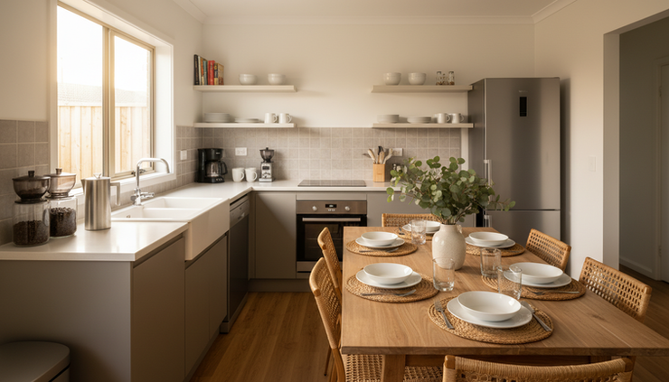 Vista a nivel de los ojos de una cocina equipada y una mesa lista para huéspedes en grupo