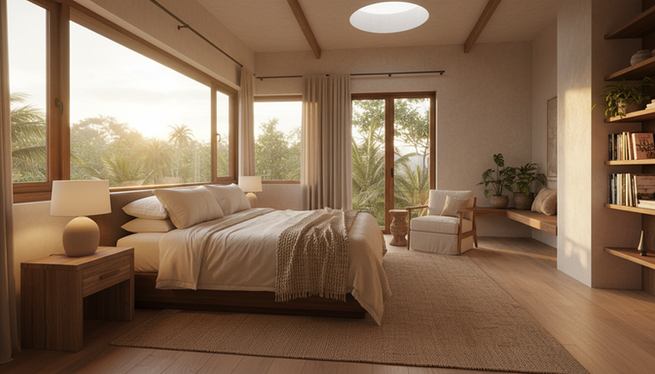 Wide-angle view of a modern vacation rental bedroom with warm morning light.