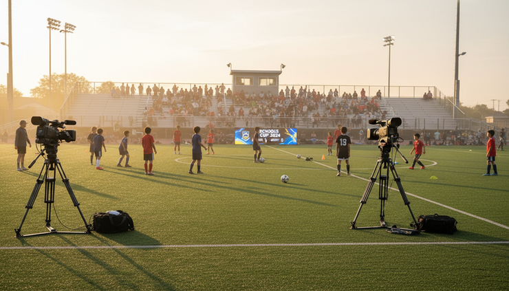 Wide-angle view of a school soccer field with cameras, lights, and spectators during a live sports event