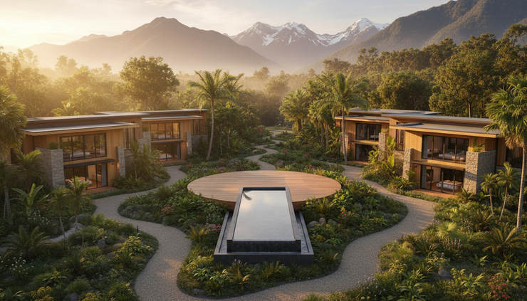 Aerial view of a premium wellness rental with cold plunge, yoga deck and garden paths.