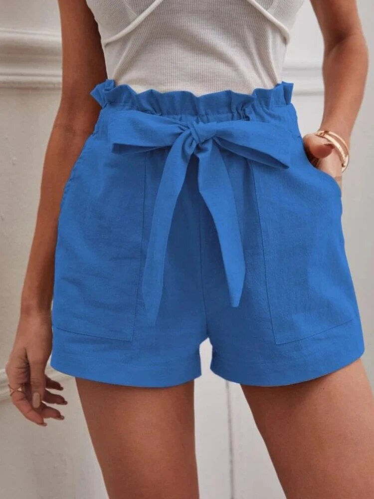 Miniatura: Shorts casuais de linho solto com bolsos, cintura alta grande, verão 2024.