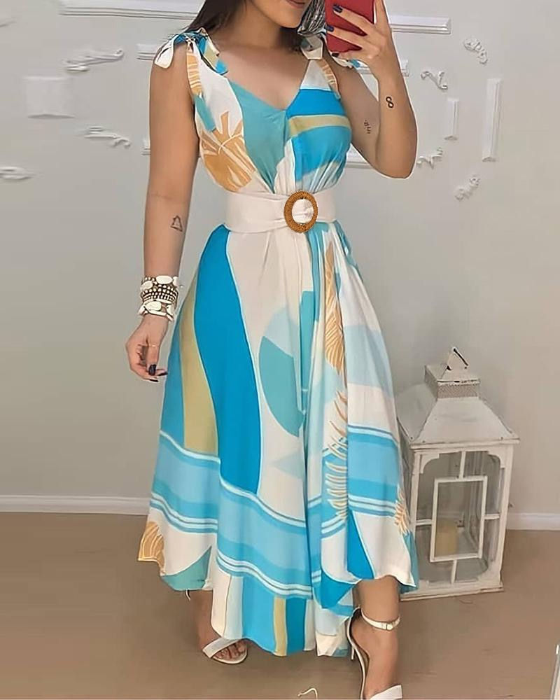 Miniatura: Vestido com Cinto, Decote V Gravata Maxi,  sem mangas, com estampa, moda verão.