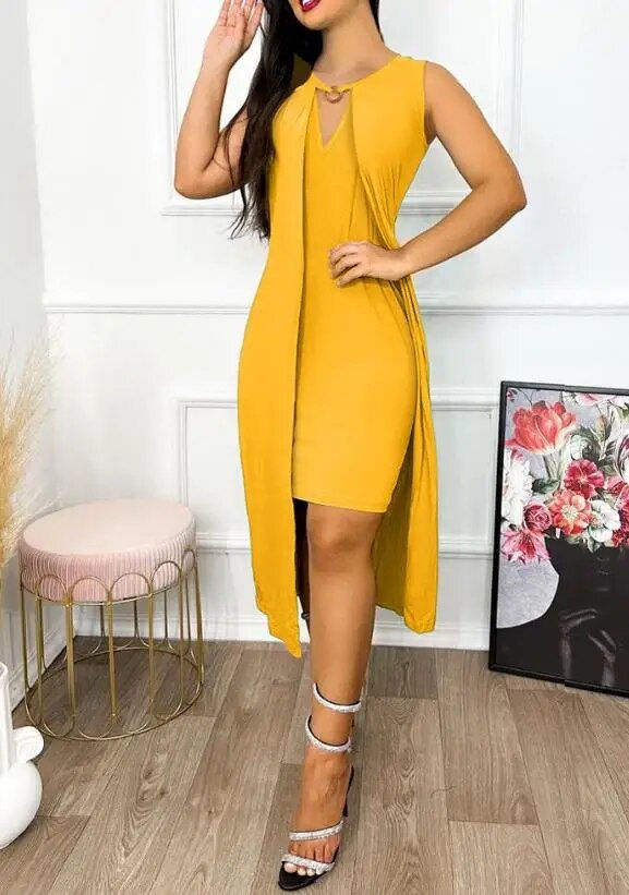 Miniatura: Vestido casual assimétrico feminino, gola com fechadura, sem mangas, 2024