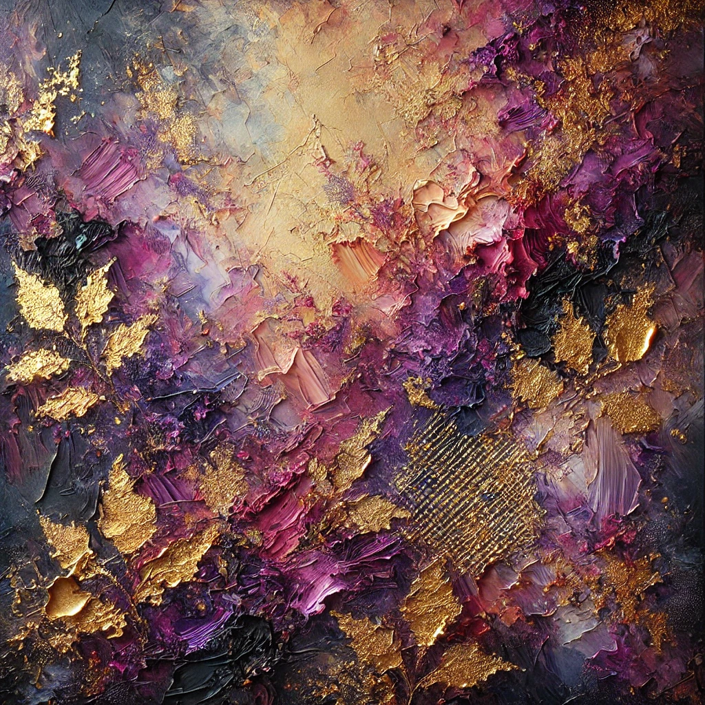 Texturierte Kunst mit lila und goldenen Blättern und Verzierungen