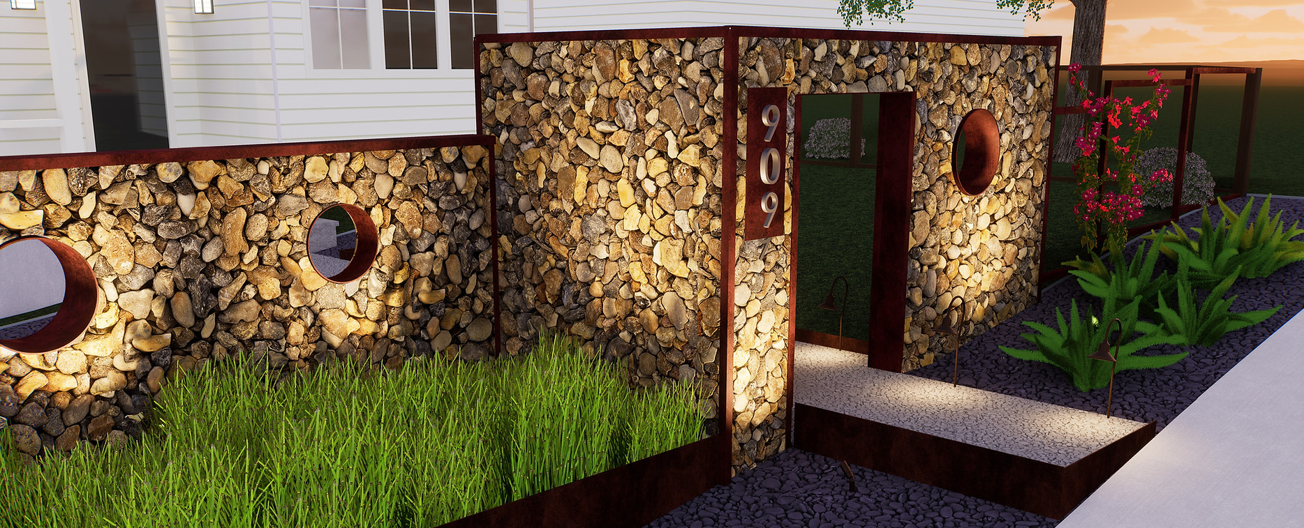 Gabion Natural Rock Wall with Custom Landscape Lighting and Steel Planters