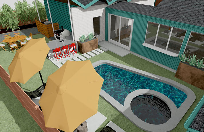 Backyard Pool and Spa Oasis with Custom Outdoor Kitchen, Natural Stone Patio, Planters with Native Texas Shrubs