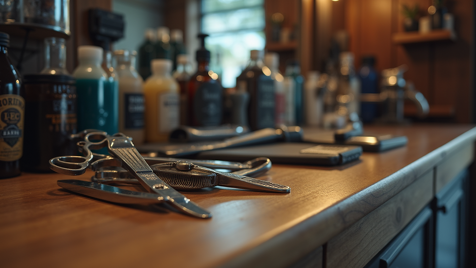 Close-up view of barber tools neatly arranged on a wooden counter