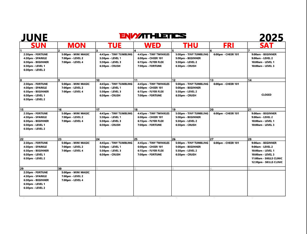 Envy Athletics - June Calendar 2025