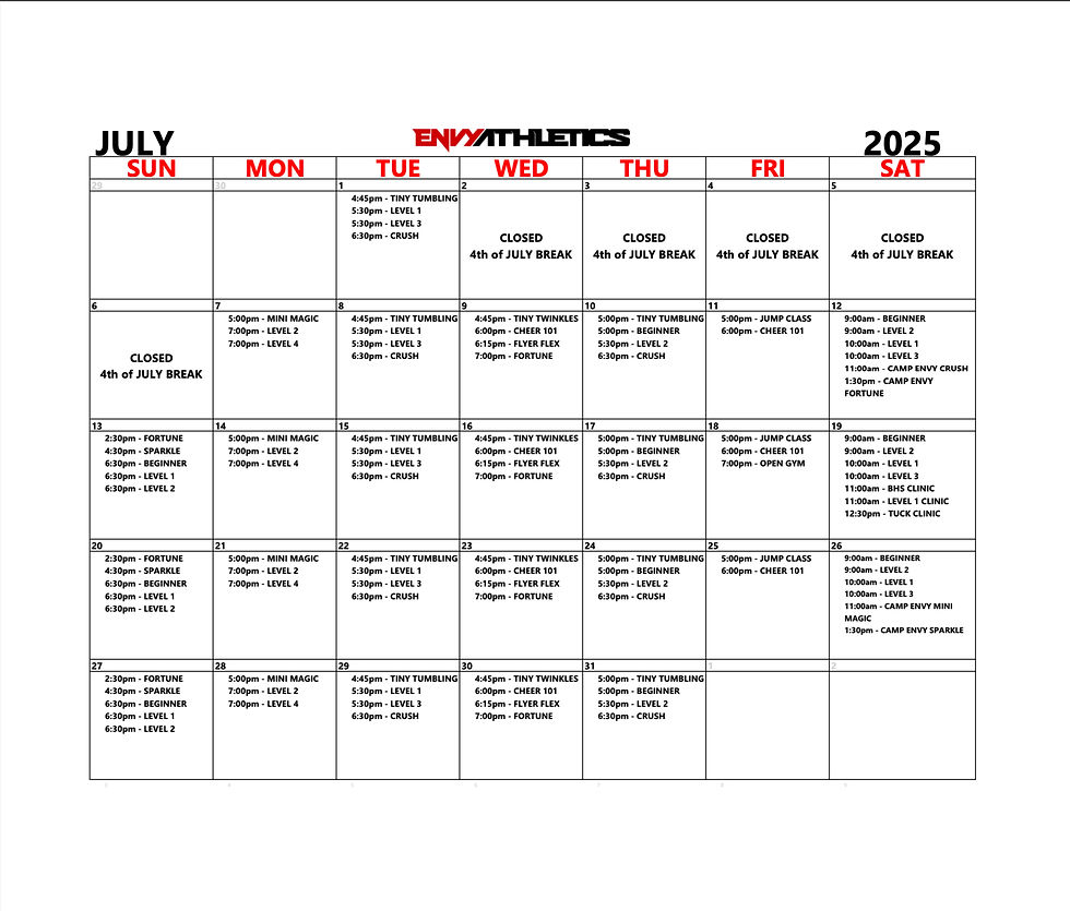 Envy Athletics - July Calendar 2025