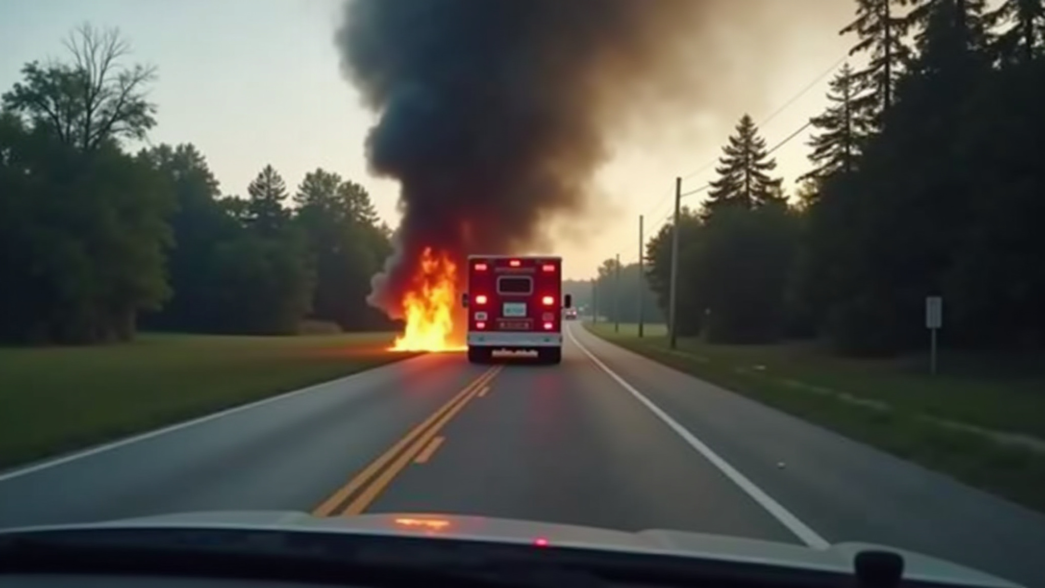 Ambulância na estrada com fogo intenso ao fundo e fumaça preta. Os Monhacas.