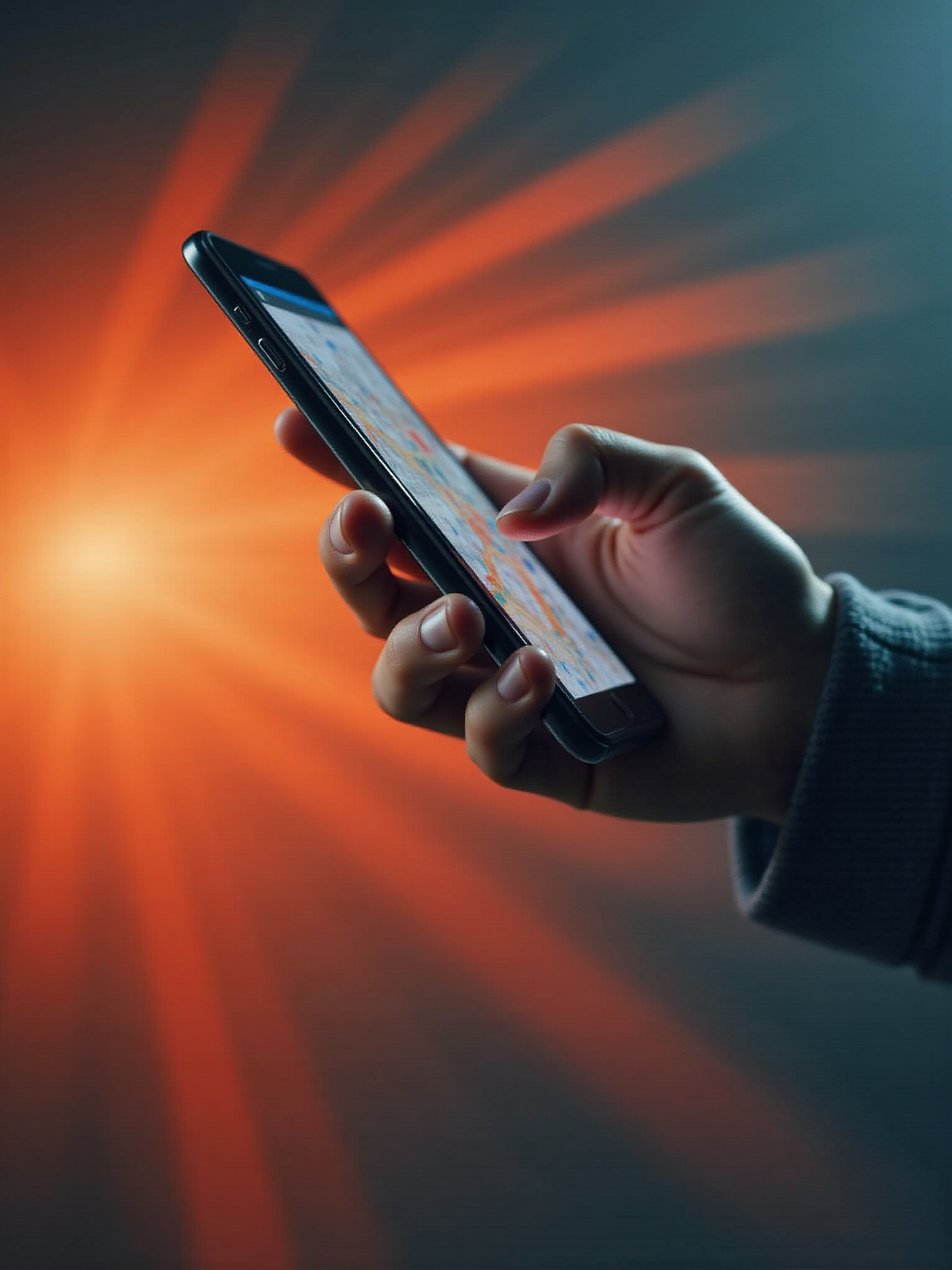 Mão usando telefone com tela iluminada, com fundo de luz, Os Monhacas.