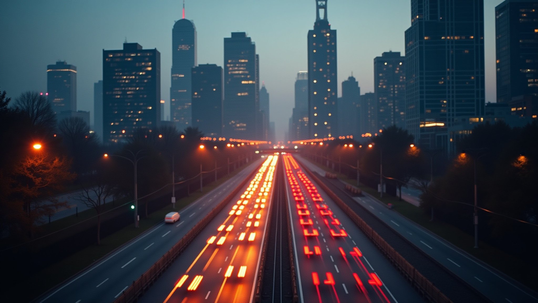 Tráfego intenso de carros em rodovia, com arranha-céus ao fundo. Os Monhacas.