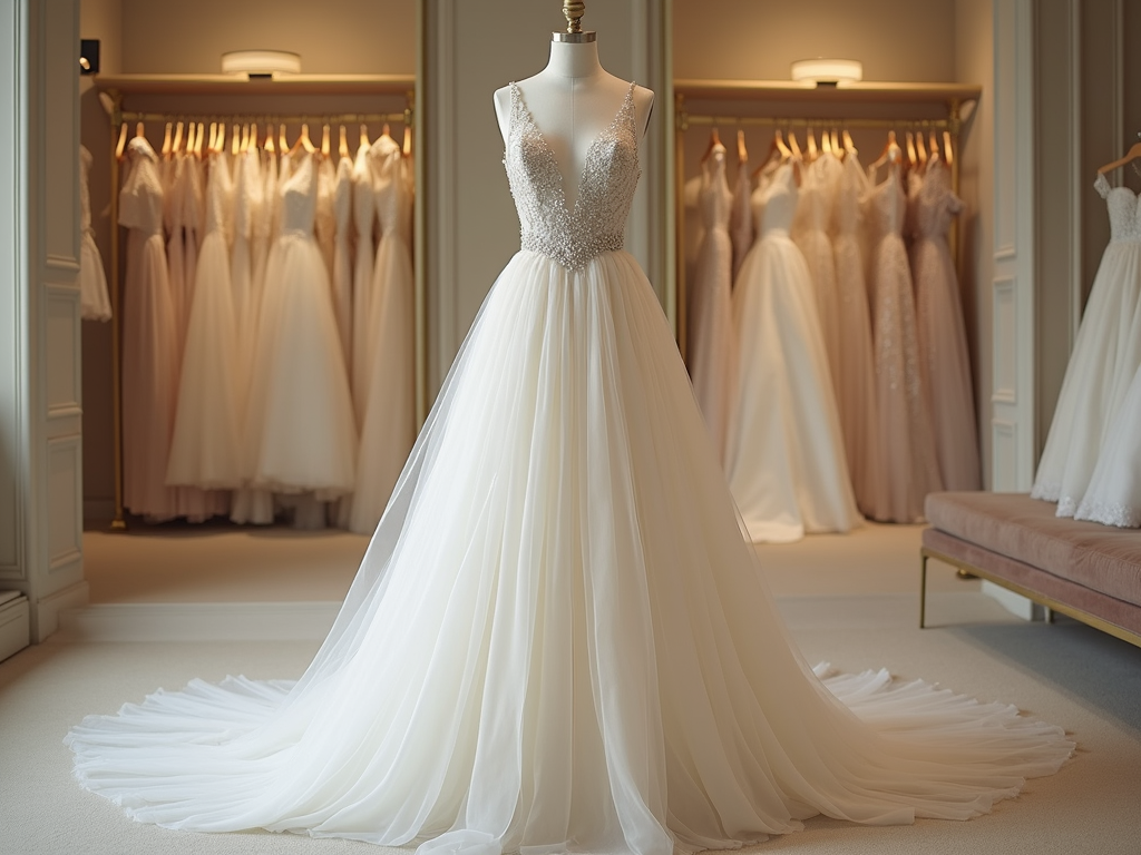 A white gown on a mannequin in a bridal boutique, with rails of blush and champagne evening dresses behind it