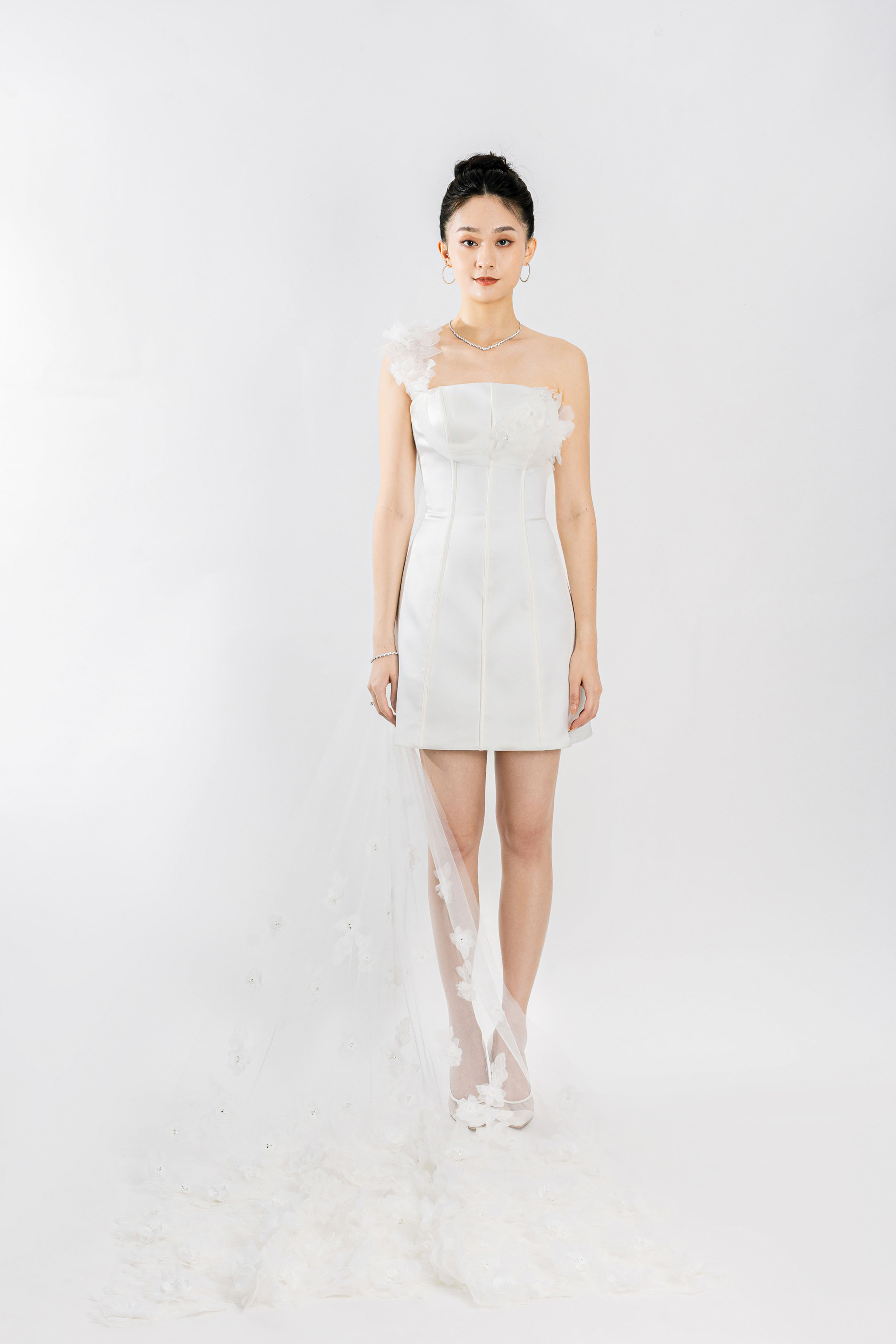 Visible Corset Mini Dress with Draped Train