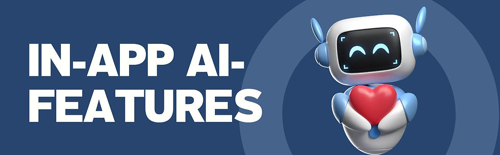Een lieve robot met een rood hartje in zijn handen. Het hartje staat symbool voor de bereikbaarheid, betrokkenheid en conversies die worden verbeterd door gebruik te maken van de AI-Functies van social media apps. Naast de robot staat de tekst: " IN-APP AI-FEATURES"