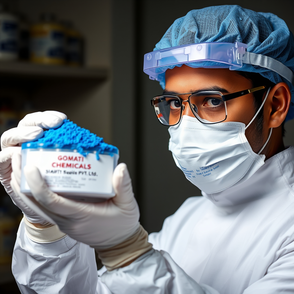 Indian Technician with PPE and blue powder. Label says _GOMATI CHEMICALS PVT. LTD.jpg