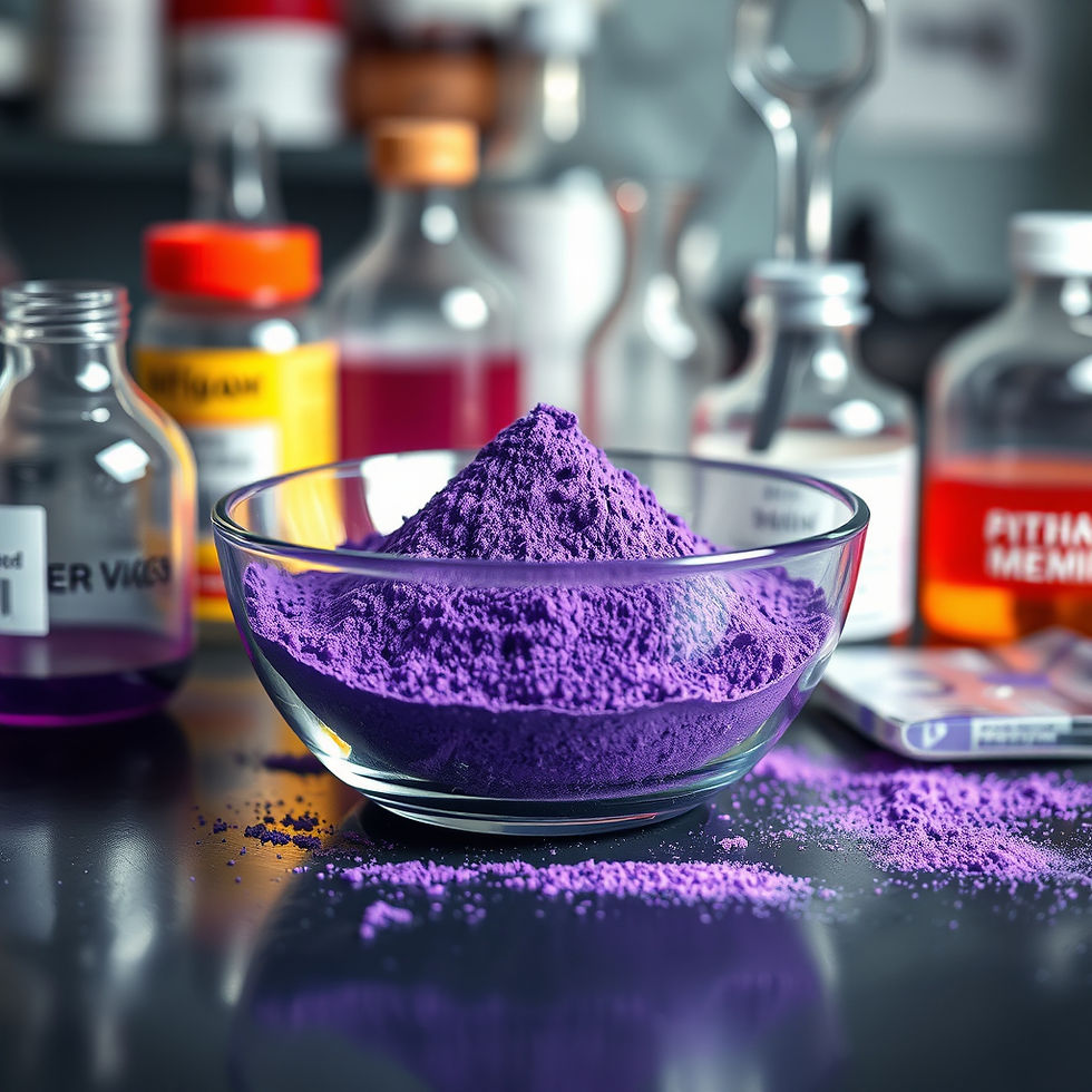 PIGMENT VIOLET POWDER KEPT IN BOWL IN LAB WITH CHEMICALS IN BACKGROUND.jpg