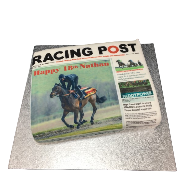 Bespoke Racing Post Newspaper cake with edible print detail, crafted for celebration in Solihull, West Midlands.