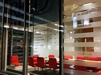 Frosted window graphics on an office reception
