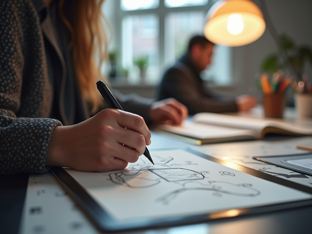 Graphic designer sketching logo concepts and developing visual ideas in a creative studio