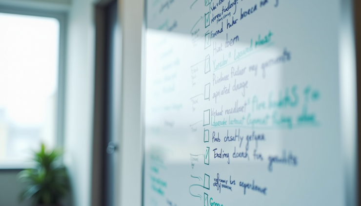 Eye-level view of a whiteboard with a checklist and business notes