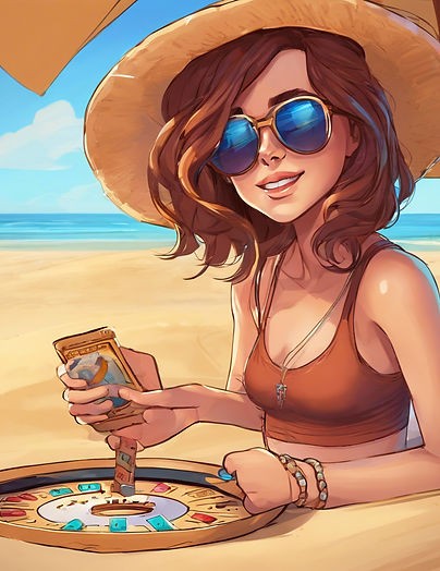 make a girl with brown hair playing slots with sunglass and bikins in the beach.jpg
