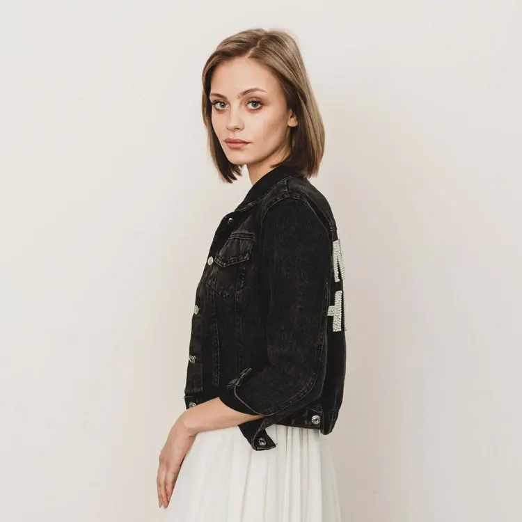 Thumbnail: Varsity Pearl Lettered Denim Jacket for Bride
