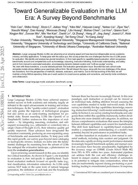 First page of the research paper Toward Generalizable Evaluation in the LLM Era: A Survey Beyond Benchmarks.