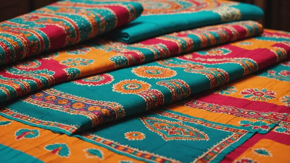 Close-up shot of colorful Indian bedsheets designed with playful patterns