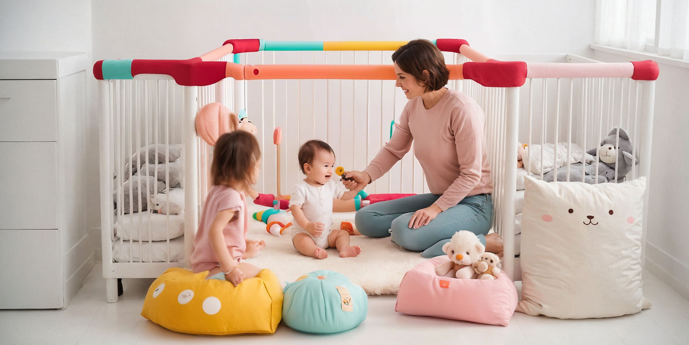 real image parents with kid using kids essentials like baby playpen with toys and more_edi