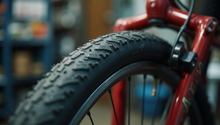 Close-up of a bike tyre being fixed at a local puncture shop