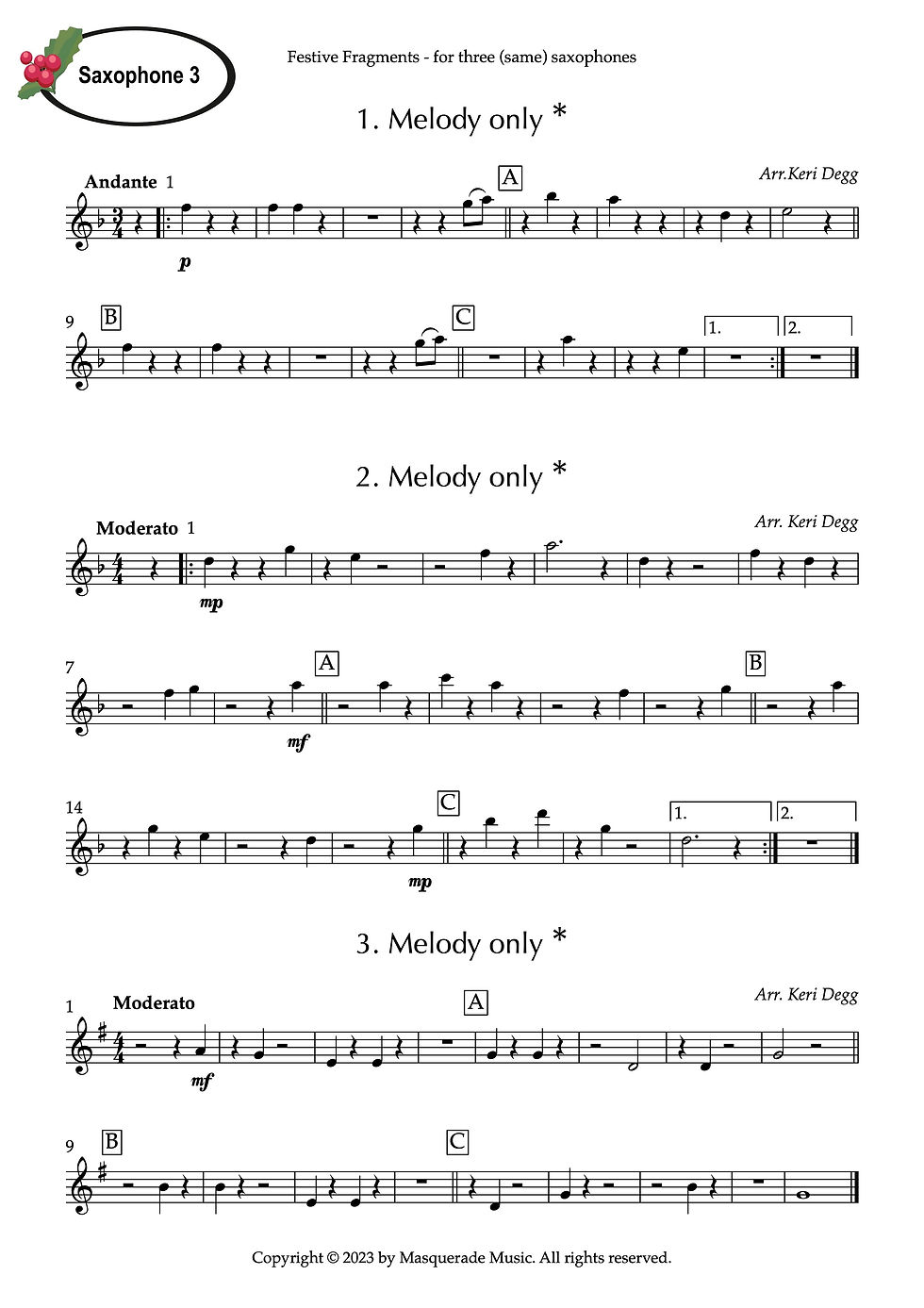 Thumbnail: Festive Fragments - 3 (same) saxophones edition (trios) by Keri Degg
